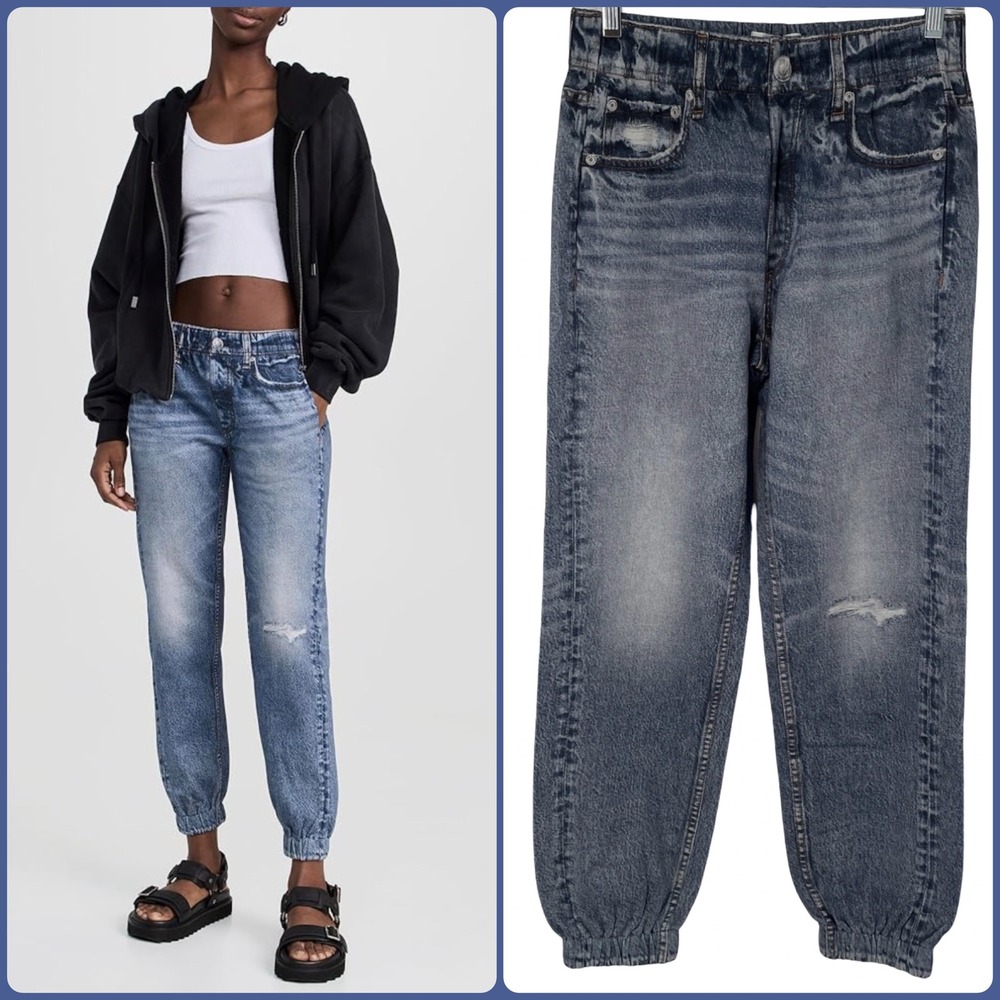NEW Rag & Bone Miramar Lynn Printed Denim Jogger Pant Cotton Terry Pull-On SMALL